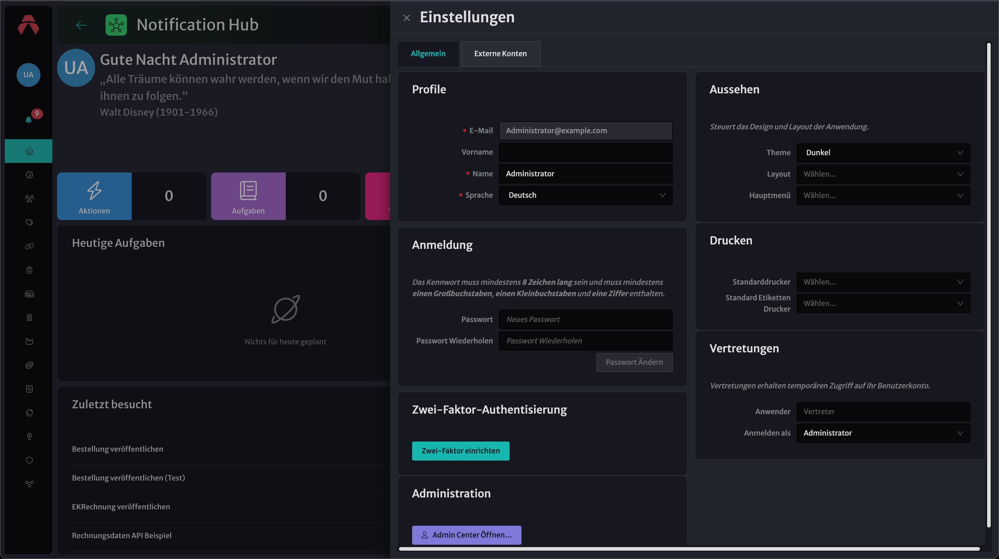Screenshot der Einstellungen mit hervorgehobenem Bereich "Administration" und der Schaltfläche "Admin Center öffnen..."
