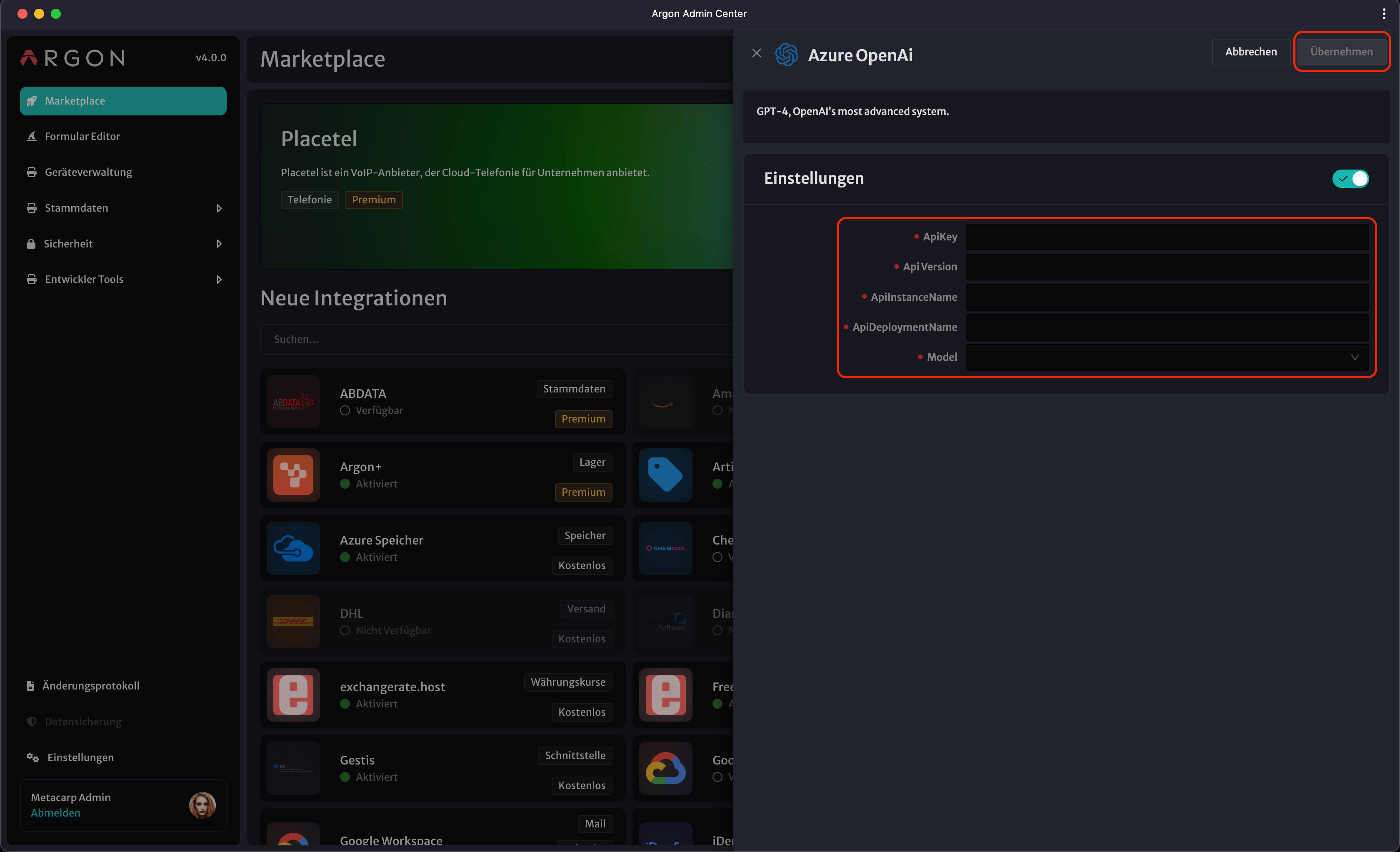 Image: Azure OpenAI Settings - Input fields for API Key, Version, etc.