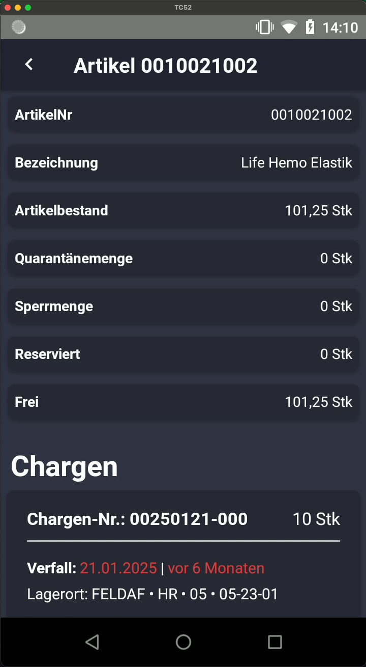 Screenshot: Artikel-Details mit Chargeninformationen
