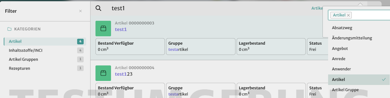 Globale Suche – Ergebnisansicht