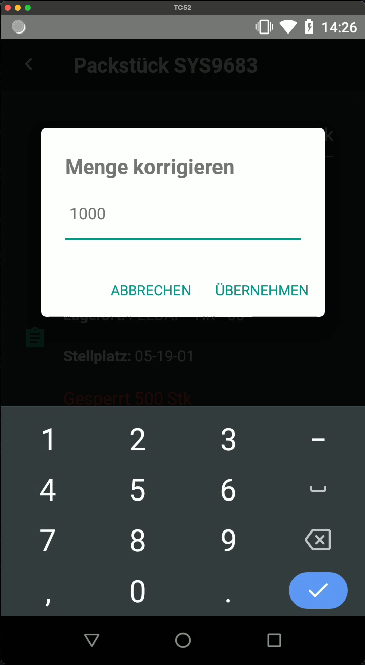 Screenshot: Menge korrigieren Dialog